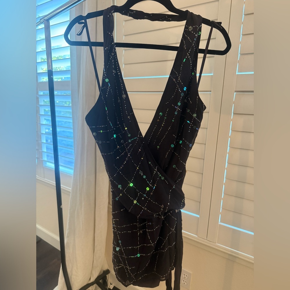 Vintage BCBGMaxAzria Beaded Chocolate Brown Mini Halter Wrap Dress